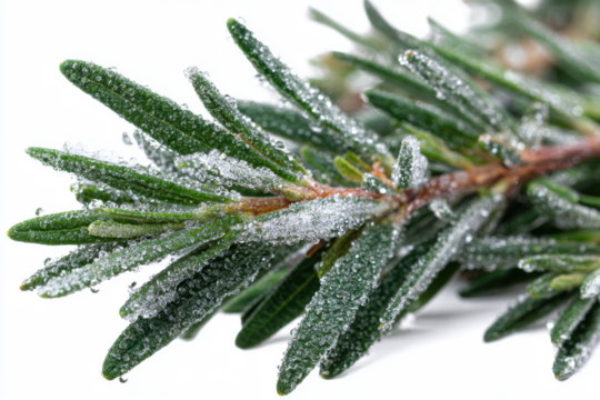 Rosemary sprig covered in frost a close-up shot on white perfect for winter holiday themes and culinary concepts