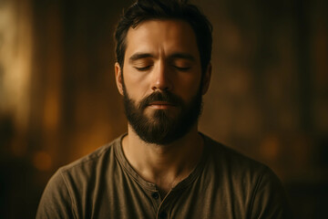 Obraz premium Mindful Man Meditating in Warm Light with Peaceful Expression