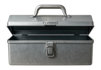 Galvanized metal toolbox with a hinged lid, perfect for plumbing tools.