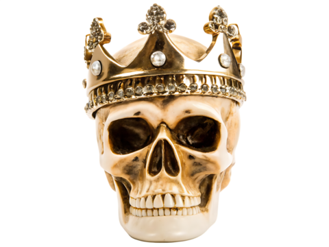 skull wearing an elegant golden crown isolated on white background, png, ai generated