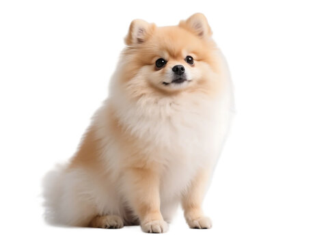 A fluffy Pomeranian dog with a cute expression is sitting, showcasing its soft fur and charming appearance.