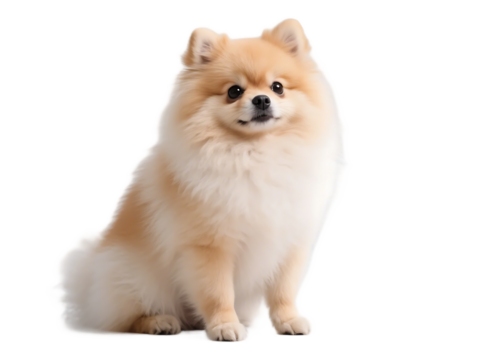 A fluffy Pomeranian dog with a cute expression is sitting, showcasing its soft fur and charming appearance.