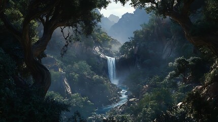 A serene waterfall cascading through a dense forest, framed by lush trees and foliage, creating a tranquil and picturesque scene in nature