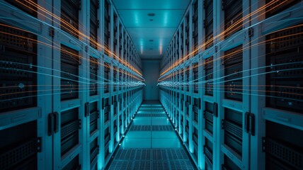 Futuristic data center aisle with glowing data streams and blue server racks