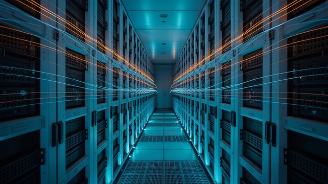 Futuristic data center aisle with glowing data streams and blue server racks