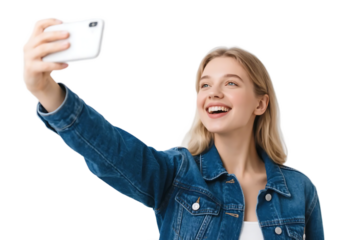 A young woman in a denim jacket is taking a selfie with a white smartphone, showing a cheerful expression.