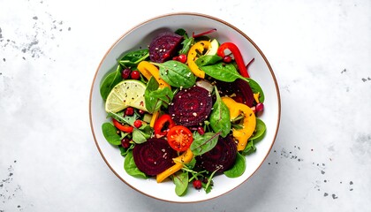 Colorful salad bowl with beets, peppers, greens, and lime