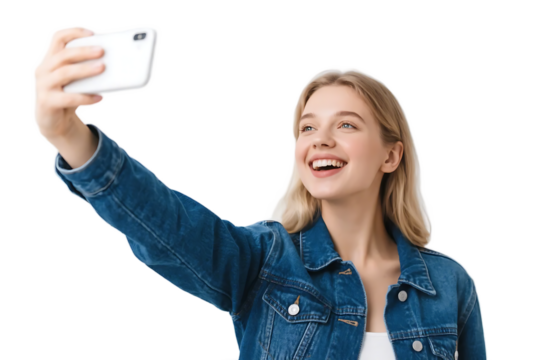 A young woman in a denim jacket is taking a selfie with a white smartphone, showing a cheerful expression.