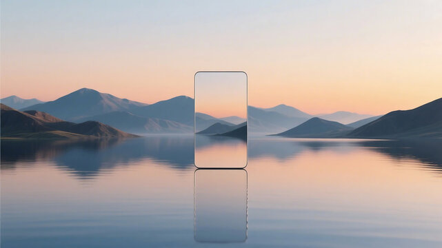 A serene lake with mountains reflecting and a phone placed in the middle, showcasing a peaceful natural landscape.