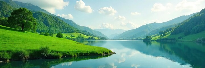 Serene Green Hillside Sloping to Tranquil Lake Peaceful Relaxation and Quiet Contemplation Perfect for Wellness and Spa Imagery