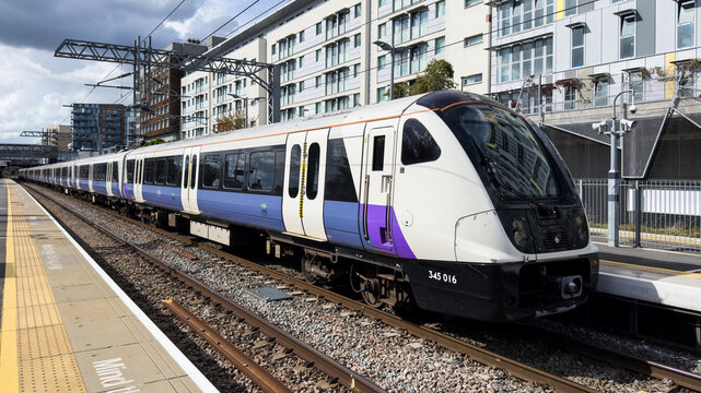 London, UK - September 9, 2025; Elizabeth Line class 345 train full length at Hayes and Harlington Station eastbound