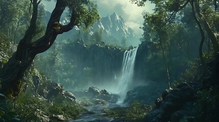 A mesmerizing waterfall cascading down a lush green mountain, surrounded by vibrant foliage and a serene atmosphere, creating a tranquil scene