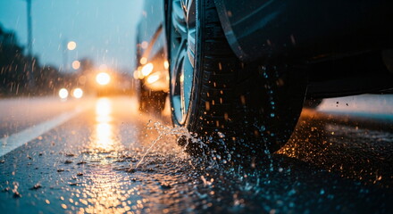 Car driving on a wet road during heavy rain, water splashing from the wheel. Danger on slippery highway, bad weather driving