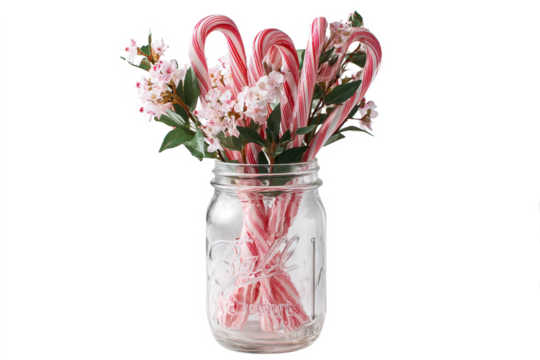 Candy canes and pink flowers in a mason jar festive holiday decoration isolated on white background
