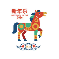 Fototapeta premium Wishing you a joyful 2026 Chinese New Year; the horse symbolizes this year, and its geometric illustration reflects that spirit
