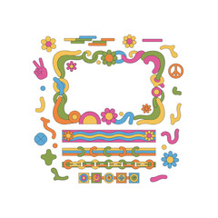 Naklejka premium Retro hippie‑style borders frame colorful vector banners and floral frames, while abstract hippie backgrounds and modern art are enhanced with design elements and shapes
