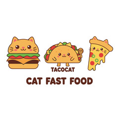 Kawaii cat-themed bread, cheeseburger, taco, and pizza; cartoon cute cat burger, taco, and pizza for a restaurant; fast food; Tacocat, a happy Mexican fast‑food character