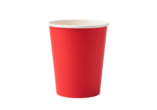 Red paper cup isolated PNG on transparent background, disposable drink container for party and event use