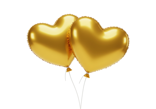 Two golden heart balloons isolated PNG on transparent background, love and celebration concept for Valentine s Day and wedding design