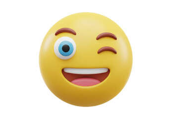 Winking emoji face PNG isolated on transparent background, yellow emoticon with happy expression...