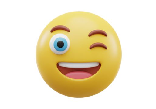 Winking emoji face PNG isolated on transparent background, yellow emoticon with happy expression for social media and messaging