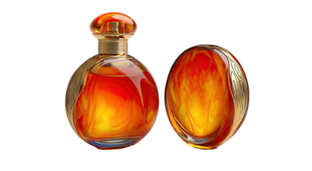 A round perfume bottle, fiery orange