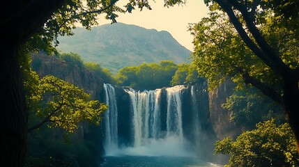 Majestic waterfall cascading down a rocky cliff, surrounded by lush greenery and towering trees, creating a serene and tranquil natural scene