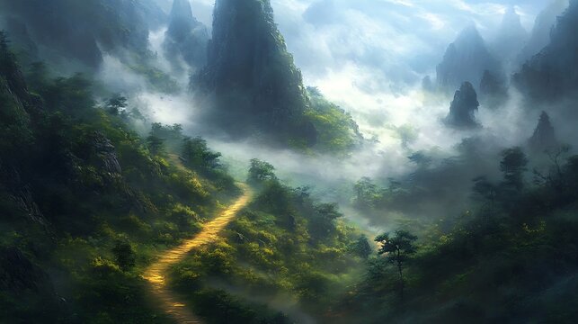 Misty mountain landscape with a glowing path winding through lush green forest