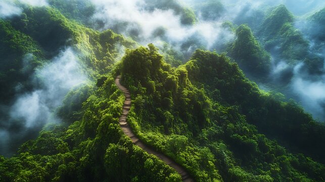 Misty mountain peak covered in lush green vegetation and trees with a winding path