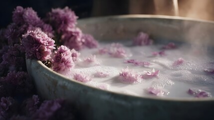 A serene bath filled with milky liquid delicate pink flower petals and gentle steam
