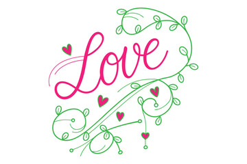 Beautiful pink and green floral love lettering. Ideal for romantic wedding designs, Valentine’s Day cards, posters, and invitations.