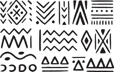 Hand-Drawn Tribal Pattern Set &ndash; Ethnic Aztec African Doodle Elements in Charcoal Pencil Style.