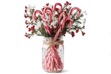 Festive candy cane bouquet in a mason jar decorated with red berries and white flowers perfect for Christmas holiday decor