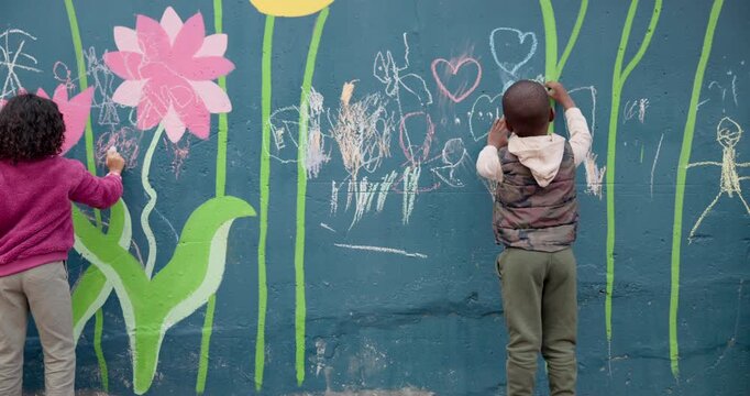 Art, mural and creative with children and wall for friends, painting or community project. Flowers, learning and kindergarten education with group of kids in city for volunteer outreach program