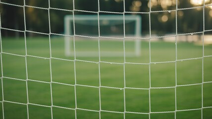 Raindrops on soccer net, goalpost blurred in background, sporting anticipation