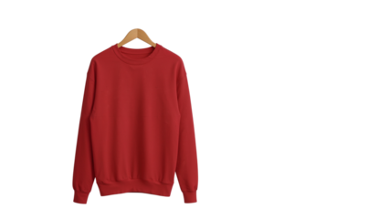 Plain red long sleeve sweatshirt mockup on a wooden hanger. Isolated on transparent background, png
