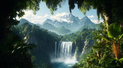 Majestic waterfall cascading down a lush green cliff, surrounded by vibrant tropical foliage and towering mountains in the distance, creating a serene scene