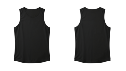 Black sport tank top mockup, front and back view for design. Isolated on transparent background, png
