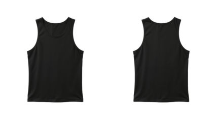 Black sport tank top mockup, front and back view for design. Isolated on transparent background, png
