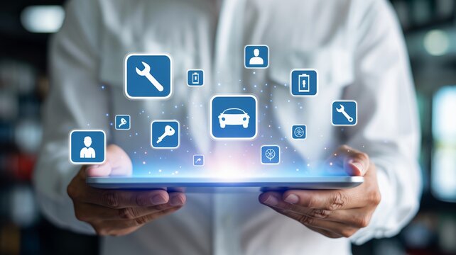 Modern car service app interface with digital icons on tablet