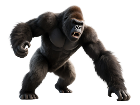 A powerful gorilla displaying an aggressive and dynamic stance, showcasing its muscular build and wild nature.