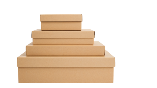 Four stacked cardboard boxes, each smaller than the one beneath, png.