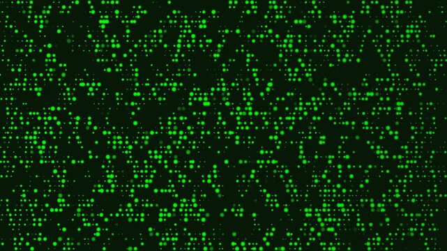 Small green dots shift rhythmically in a dark space, creating a mesmerizing effect.