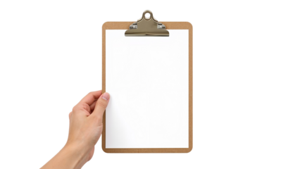 A hand holding a wooden clipboard with a blank white paper sheet for a mockup. Isolated on transparent background, png

