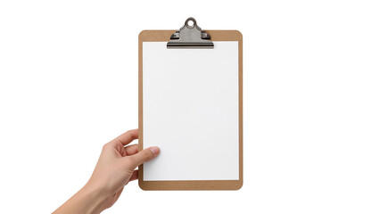 A hand holding a wooden clipboard with a blank white paper sheet for a mockup. Isolated on transparent background, png
