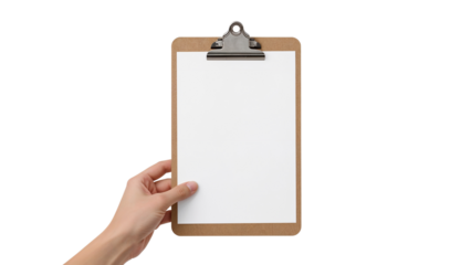 A hand holding a wooden clipboard with a blank white paper sheet for a mockup. Isolated on transparent background, png

