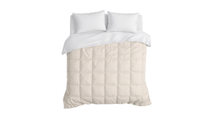 Top down view of a bed with white pillows and a beige duvet comforter. Isolated on transparent background, png
