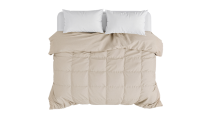 Top down view of a bed with white pillows and a beige duvet comforter. Isolated on transparent background, png
