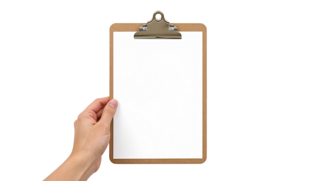 A hand holding a wooden clipboard with a blank white paper sheet for a mockup. Isolated on transparent background, png
