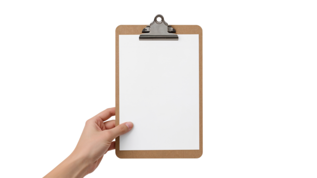 A hand holding a wooden clipboard with a blank white paper sheet for a mockup. Isolated on transparent background, png